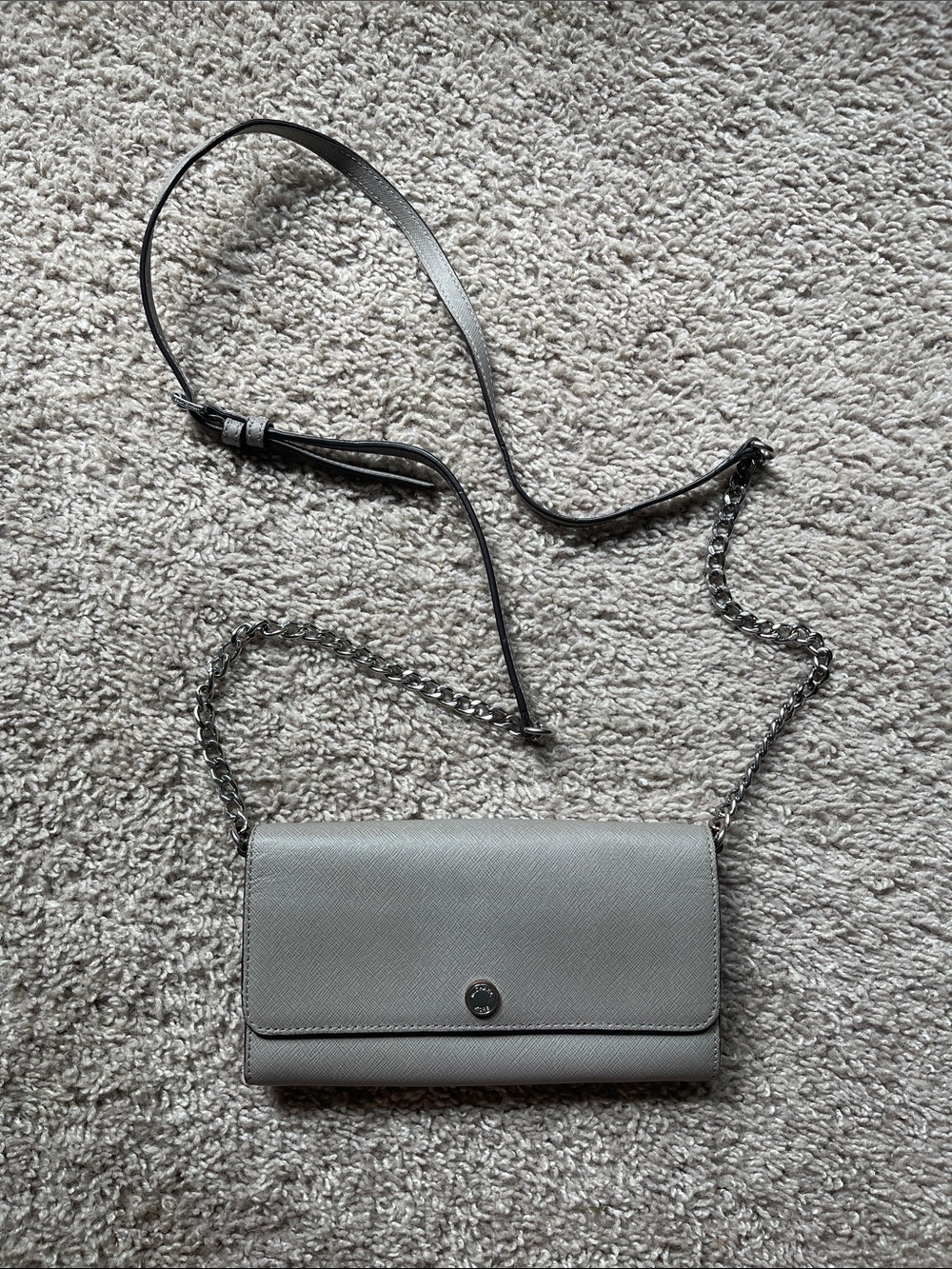 Gray Leather Crossbody Wallet with Chain Strap